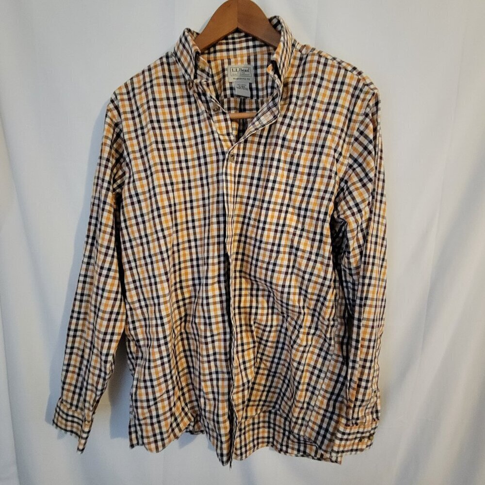 Men's L.L. Bean‎ Long Sleeve Orange Navy Shirt Cotton M Reg